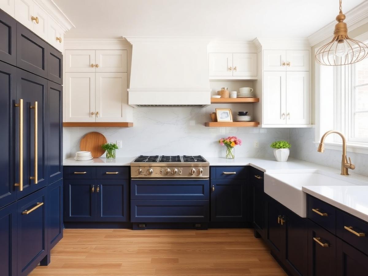 Modern navy and cream kitchen remodel completed by WM Elite Remodeling in Winter Garden Florida